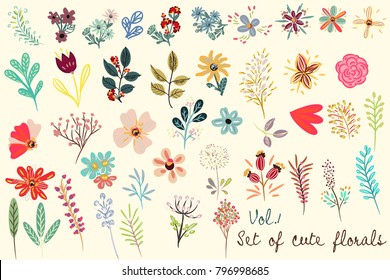 Collection of vector cute florals in rustic simple style. Great for fabric designs