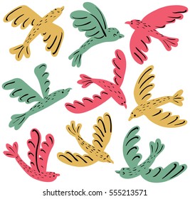 Collection of vector cute flying birds isolated on white. Cartoon set with colorful flat animals. 