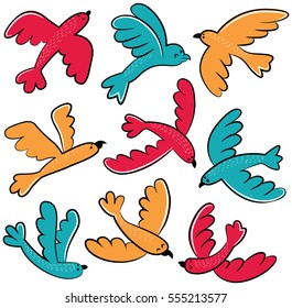 Collection of vector cute flying birds isolated on white. Cartoon set with doodle animals. 