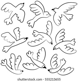 Collection of vector cute flying birds isolated on white. Cartoon set with doodle animals. 