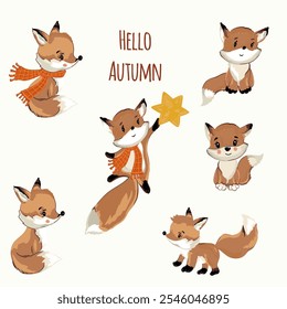 Collection of vector cute foxes in lovely cartoon childish style