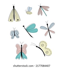 Collection of vector cute insects.  Cartoon characters.  Colorful flat illustration.