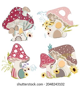 Collection of vector cute mushroom houses in vintage cartoon style