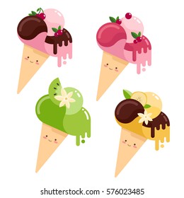 Collection of vector cute smiling ice cream cones with tropical fruit isolated on white background. Ice cream smiley characters in vivid colors. Summer flavors of cherry, chocolate, kiwi and banana.