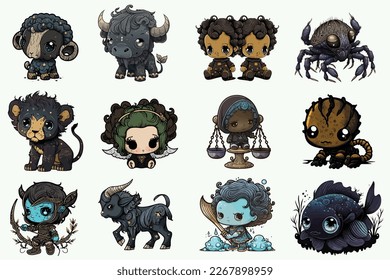 Collection Vector of Dark Fantasy Mystery Twelve Zodiac Year Astrological Signs and Symbol in Cute Cartoon Style on White Background