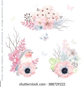 Collection vector decorative design of flowers, Robin bird and leaves in vintage style with butterflies.