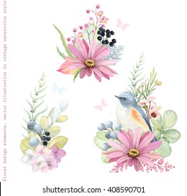 Collection vector decorative design of flowers, plants, Red-flanked Bluetail bird, branches and leaves in vintage style with butterflies.