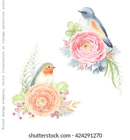 Collection vector decorative design of flowers ranunculus, Robin bird, Bluetail bird and leaves in vintage watercolor style.