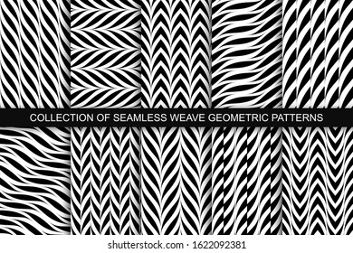Collection of vector decorative seamless geometric patterns. Weave striped black and white textures. Abstract monochrome contemporary backgrounds.