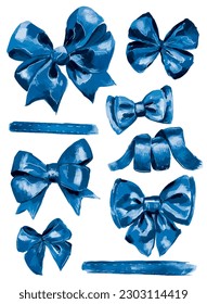 A collection of vector deep blue bows and ribbons drawn by hand