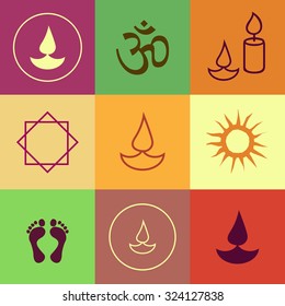 Collection of vector deepavali diwali icons and symbols light, oil lamp, laksmi feets, lotus, sun, om, circle