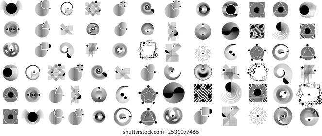 Coleção de elementos de design de vetor. Conjunto de logotipos com linhas, faixas e círculos. Várias formas de design de linha e pontos.Coleção de logotipos vetoriais. Conjunto de ícones e elementos circulares. Conjunto de linhas artísticas.