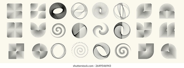 Collection of vector design elements. Set of logos with lines, stripes and circles. Various forms of line and dots design.Vector logo collection. Bundle of circle icons and elements. Set of lines art.