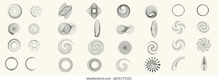 Collection of vector design elements. Set of logos with lines, stripes and circles. Various forms of line and dots design.Vector logo collection. Bundle of circle icons and elements. Set of lines art.