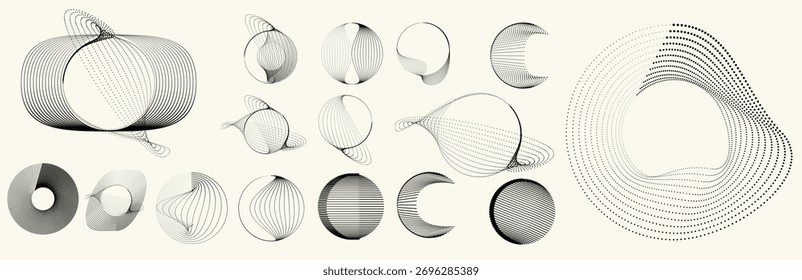 Collection of vector design elements. Set of logos with lines, spirals and circles. Various forms of line and dots design.Vector logo collection. Bundle of circle icons and elements. Set of lines art.
