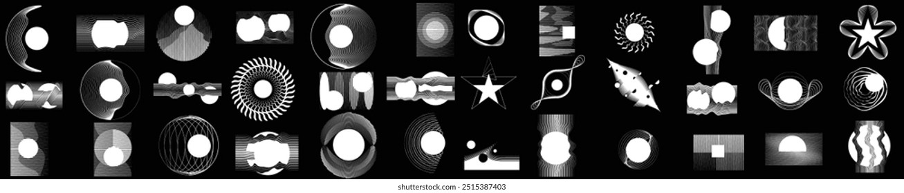 Collection of vector design elements. Shapes with rotating lines and circles in various forms for modern design.Vector round logo collection. Decorative geometric figures and shapes. Set of lines art.