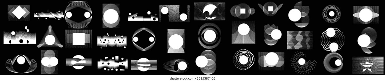 Collection of vector design elements. Shapes with rotating lines and circles in various forms for modern design.Vector round logo collection. Decorative geometric figures and shapes. Set of lines art.