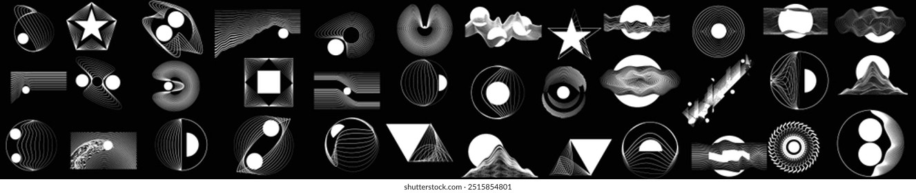 Collection of vector design elements. Shapes with rotating lines and circles in various forms for modern design.Vector round logo collection. Decorative geometric figures and shapes. Set of lines art.