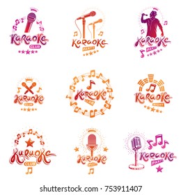 Collection of vector design elements which can be best used for karaoke theme emblems and posters composition. Leisure and relaxation lifestyle presentation, carnival concept.