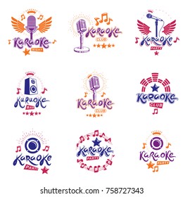 Collection of vector design elements which can be best used for karaoke theme emblems and posters composition. Nightlife entertainment and festival concept.