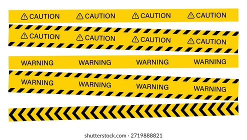 Colección de diseños de Vector con cinta amarilla de precaución con franjas negras de peligro y señales de advertencia. Útil para gráficos de seguridad y alerta.