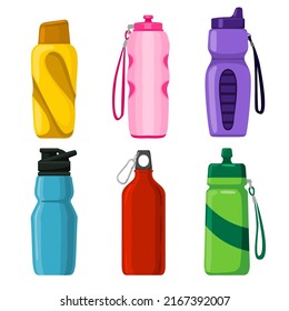 Collection of vector different Sport water bottle with plastic fitness or Bike bottle with beautiful design, adventure equipment, vector illustration