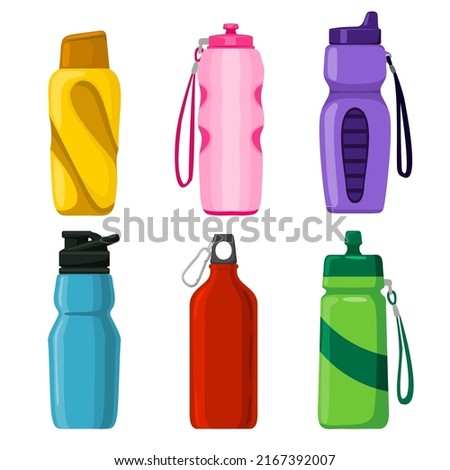 Collection of vector different Sport water bottle with plastic fitness or Bike bottle with beautiful design, adventure equipment, vector illustration