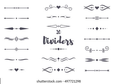 Collection of vector dividers calligraphic style. Vector border frame design decorative illustration element. Set page decoration retro vintage ornament calligraphy pattern.