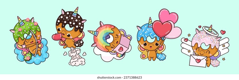 Collection of Vector Donut Unicorn Art. Set of Isolated Animal Clipart Illustration. Cute Vector Animals in Love 