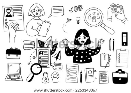 Collection vector doodle business and job. Business woman and joyful girl job seeker, resume, laptop, questionnaires, documents and stationery. Vector isolated outline drawing