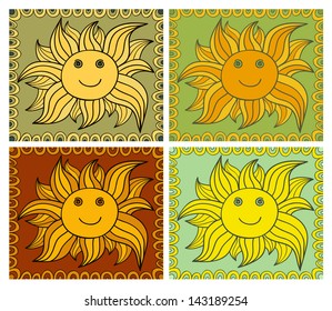 Collection of vector doodle drawings. Smiling sun illustrations.