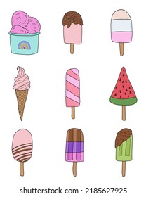 Colección de ilustraciones vectoriales del doodle de helado aislado en fondo blanco.