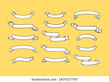 colección de banner de cinta vectorial de doodle arrancado. Banda de la bandera de desplazamiento de papel rota dibujada a mano