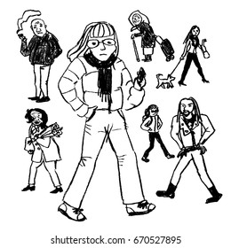 Collection of vector doodle sketches of various people in urban environment, young, old, male, female. Autumn or spring season. Isolated on white background.