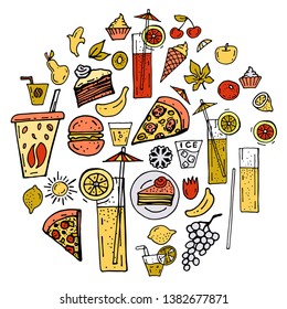 Collection of vector doodles with cups of coffee, lemonades, fruits, juices, sweets and food. For coffee shop design, cafe menu, snack bars, pizzerias. Hand-drawn doodles.