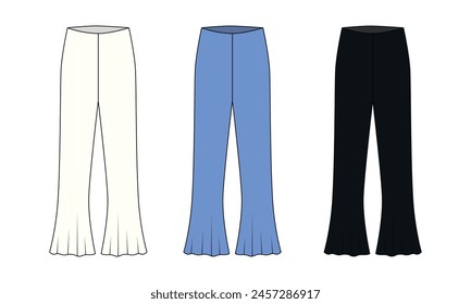 Collection of vector drawings of flared pants in white, blue and black colors.  Outline sketch of pants flared to the bottom, isolate on white background. Set of templates of women's summer wide pants