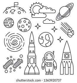 Collection of vector drawings on the theme of space exploration and astronomy. Icon style, line art. Planets, astronaut, rocket, sun, earth.