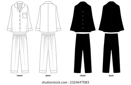 A collection of vector drawings of pajamas in white and black. A set of silk sleep shirt and pants. Template long sleeve shirt and elastic band pants front and back view.