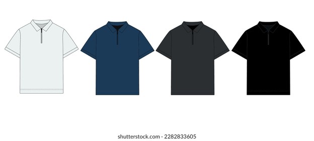 Collection vector drawings polo shirts and zipper  front view  Outline T  shirt template and collar  short sleeve  Sketch men's polo shirt and zipper  blue  gray  white  black colors 