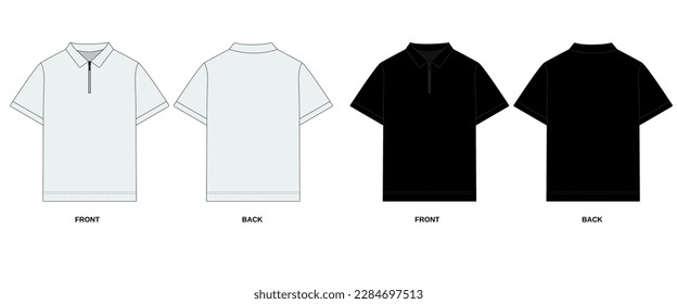 Collection of vector drawings of polo shirts with zipper, front and back view. Outline T-shirt template with collar, short sleeve. Sketch of a men's polo shirt with a zipper, white, black colors.