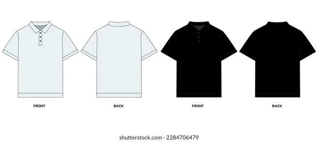 Collection of vector drawings of short sleeve polo shirt front and back view. Outline Polo t-shirt template with collar in black and white. Sketch classic polo shirt with three buttons, short sleeves.