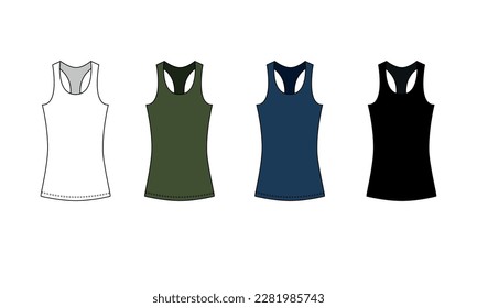 Collection of vector drawings of sports jerseys in black, blue, green, white. Women's top template, front view. Crew neck sleeveless jersey tee sketch, vector. svg