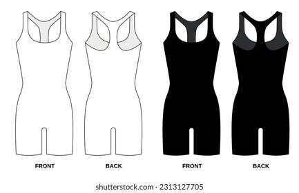 Collection of vector drawings of sports tights in black and white. Jersey tracksuit template, front and back view. Sketch of suit for fitness, gym, wrestling, diving, athletics