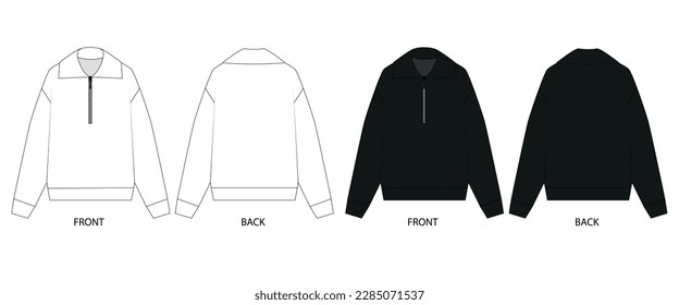 Collection vector drawings sweater and zipper in the front in white   black colors  Sweatshirt template and zipper front   back view  Outline drawing sports jacket and zipper 