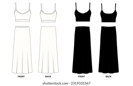 Collection of vector drawings of tops and skirts in white and black. Short tank top and long skirt templates front and back view. Set of modern women's summer clothes, vector.