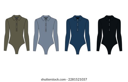 Collection of vector drawings of women's polo shirt with long sleeves in blue, gray, green, black colors. Women's blouse template, front and back view. Sketch bodysuit with collar, buttons in front.
