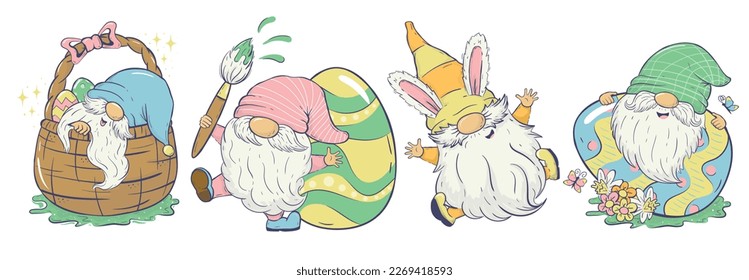 Collection of vector Easter gnomes in different poses with Easter eggs, bunny ears, spring flowers. Clipart For cards, invitations, packaging design, posters, prints