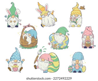 Collection of vector Easter gnomes in different poses with Easter eggs, bunny ears, spring flowers. Clipart For cards, invitations, packaging design, posters, prints