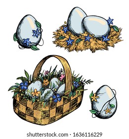 Collection of vector Easter illustrations. Set of basket with eggs and flowers, egg, nest. Hand drawn color sketches isolated on white Elements for Easter holiday design, card, poster, print, wrapping