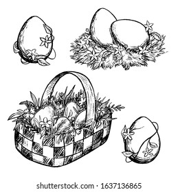 Collection of vector Easter illustrations. Set of basket with eggs and flowers, eggs, nest. Hand drawn ink sketches isolated on white. Elements for Easter holiday design, card, poster, print, wrapping